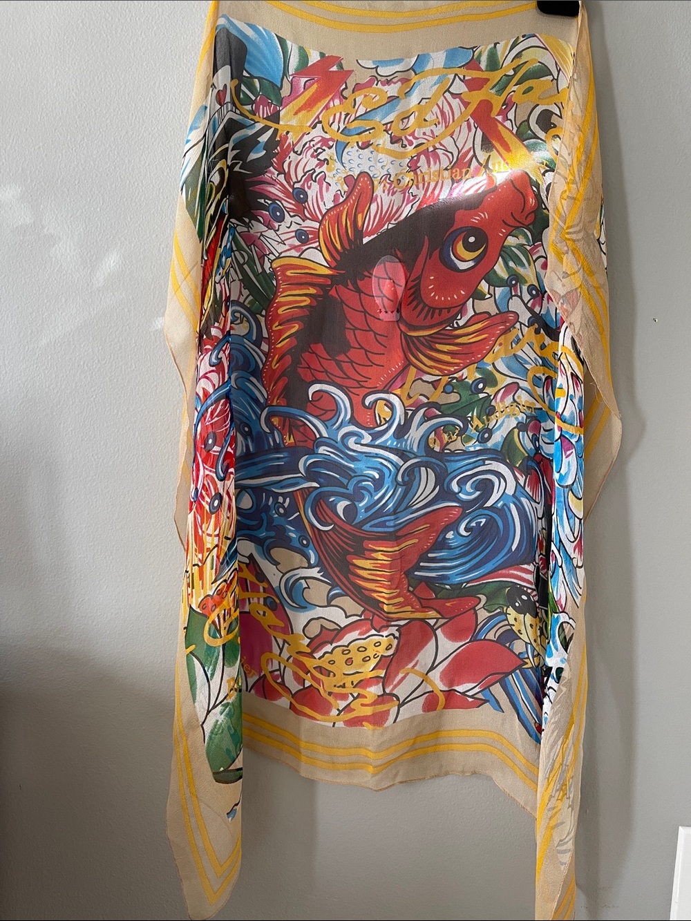 Ed Hardy Y2K Multicolor Koi Fish Print Scarf - Red, Blue & Yellow chiffon